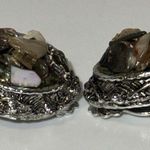 Chunky Oval Gemstone & Shell Mosaic Collage Style Clip On Earrings Silver Tone Photo 2