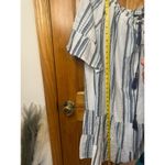 Mlle Gabrielle  Women's 3X Boho Striped Summer Dress - White Blue Gray Tassel Tie Photo 7
