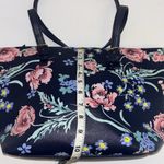 NAVY BLUE FLORAL TOTE BAG VEGAN LEATHER ZIP CLOSURE ON TOP ONE POCKET INSIDE Photo 7