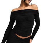 Naked Wardrobe Shoulderless Ruched Black Long Sleeve Top Date Night NWT Photo 0