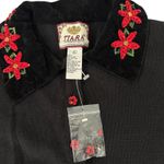 Tiara International VTG Black Poinsettia Embroidered Xmas Sweater Cardigan XL Photo 4
