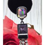 DKNY Gun Metal Crystal Chain Tassel Dangle Earrings Purple Iridescent 3.5" Prom Photo 2
