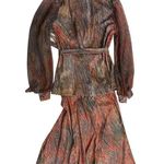 Vtg 70s 80s Skirt Top Set Orange Silver Red Sheer Sleeves Mandarin Collar Size 4 Photo 3