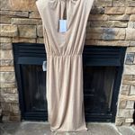 WAYF  Nordstrom elastic waist tan sleeveless dress padded shoulders side slits Photo 4