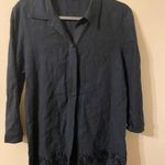 Oscar de la Renta  Navy Blue Linen Eyelet Floral Hem Button Shirt Women Sz Medium Photo 0