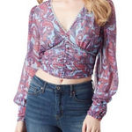 Jessica Simpson NWT‎  Laira Paisley Blouse Sz M Ruched Long Sleeve V Neck Cropped Photo 0