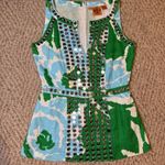 Tory Burch  Elsa Mirror Embellished Green Blue Linen Floral Abstract Vacation Top Photo 0