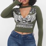 2000s Grunge punk goth Green black long sleeve graphic tee T Photo 0