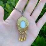 Vintage Retro Gold Color Mona Lisa Portrait Painting Necklace w/ Silver Chain Photo 2