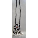 Vintage Native American Beaded Circle Medallion Leather Necklace Black Red 16” White Photo 9