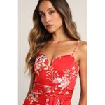 Lulus NWT  My Favorite Day Red Floral Print Tulip Skirt Midi Dress Party Size XS Photo 2