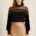 Wren & Willa Black Sheer Lace Yoke Long Sleeve Mock Neck Blouse Sz S 💛 Photo 0