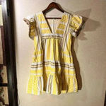 THML Flutter Sleeve Embroidered Vneck Dress Yellow Brown White Side Zip Size XS Photo 3