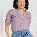 Knox Rose Size XL Purple Blouse Eyelet Short Puff Sleeves Button Front Photo 0