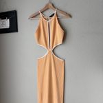 San Sloane Dress Adrian Ribbed Peach Cut Out Plunge Bodycon Midi Dress Medium Photo 2