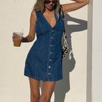 Vintage 90s Denim Button‎ Sleeveless Jumper Mini Dress Medium Granola Fisherman Blue Photo 0