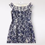 Carmen Marc Valvo  Blue Floral Beaded Boatneck Linen  Mini Dress‎ Size 8 Guest Photo 4
