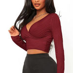 Smart & Sexy Women's Medium Long Sleeve Burgundy Crop Top with Surplice Neck, Wrap NWT​​​​ Photo 0