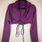 ZARA Purple Black Houndstooth Cropped Tie Front Long Sleeve Top S Photo 0