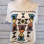 Papaya BLUE  T-Shirt Cold Shoulder White w Geometric Print-Medium Photo 0