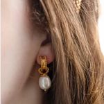 NWOT Gold and White Pearl Hoop Earrings Photo 2