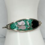 Vintage Alpaca Mexico Mother of Pearl Shell Flower Inlay Bangle Green Photo 0