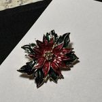 Signed SFJ Red / Green Enamel Poinsettia Flower Christmas Gold Tone Brooch Pin Photo 8