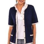 Gretchen Scott Cherry On Top Cardigan Short Sleeve Navy/White Gold Buttons Sz XL Photo 0
