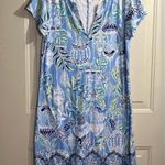 Lilly Pulitzer Blue Lantern Leaf Print Dress L Rayon Spandex Boho V-Neck Photo 0