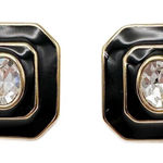 Monet Black Enamel Gold Rhinestone Costume Earrings Rectangle Oval Cut Photo 0