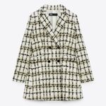 ZARA  Plaid Double Breasted Blazer Jacket Women Sz M Cream Black Tan Long Sleeve Photo 5