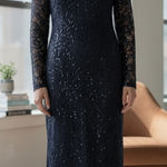NWT Marina Sequin Lace Long Sleeve Gown Navy Blue S Photo 0