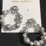Tory Burch New Authentic  Silver Britten Pearl Logo Earrings on TB Earring Card Photo 1