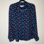 Loft Navy Blue Peacock Print Chiffon Blouse Sz Large Photo 4