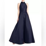 Monique Lhuillier High Neck Evening Gown Dress Navy Pockets Photo 3