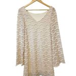 Judith March  Cream Off White Boho Woven Fringe Long Bell Sleeve Mini Dress Small Photo 2