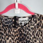 Ganni  Leopard Smocked Mini Silk Cotton Long Sleeve Animal Print Dress Size 12 42 Photo 3