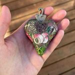 Puffy heart pendant for necklace large colorful mosaic floral silver metal Photo 3