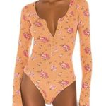 Free People Dylan Thermal Henley Floral Printed Bodysuit Tan Combo XS Photo 0