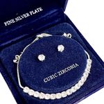 Macy's NEW Bolo BRACELET & EARRINGS SET Silver Plate CZ BRACELET Solitaire Studs Boxed Photo 3