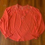 Free People  Top Medium Coral Crochet and Embroidered Accents Blouse Long Sleeve Photo 0