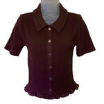 Loft Brown Ruched Top Ruffle Hem Short Sleeve Collar Womens Small neutral Photo 0