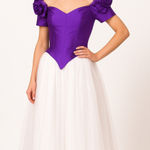 American Vintage 1980s Nation-Wide Purple Satin & White Tulle Gown Rose Appliqué Sleeves USA S Photo 0