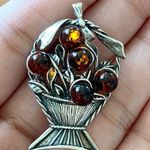 Vintage Sterling Silver Amber Miniature Fruit Basket Pin Brooch Pendant Brown Photo 2