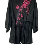 Vintage Private Touches Black Hot Pink Floral Embroidered Robe Photo 0
