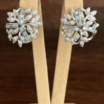 Vintage 90's Womens Chunky Blue & Silver Floral Leafy Rhinestone Earrings Elegan Photo 0