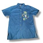 Vintage 90s Embroidered Chambray Denim Shirt Oversized Short Sleeve Heart Floral Blue Photo 5