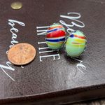 Vintage West Germany Mint Green Striped Glass Cabochon Stainless Steel Earrings Photo 3