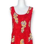 Vintage 90s Maxi Dress Red Tropical Hibiscus Floral Print Smocked Top Medium Photo 2