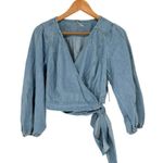 Free People  Sophie Medium Wash Denim Cropped Wrap Top Long Sleeves sz Small NWT Photo 5